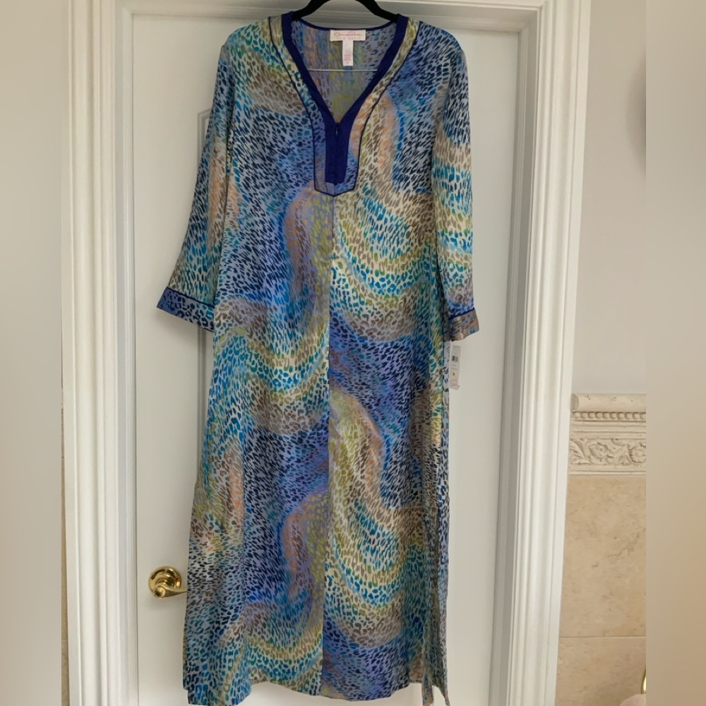Oscar de la Renta Blue, Teal & Gold Printed Caftan